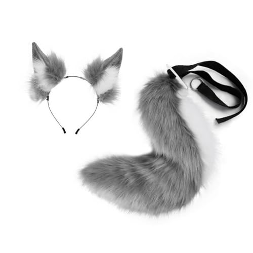Colcolo Stirnband mit Ohren und Schwanz, süßes Kopfstück mit langem Schwanz für die Aufführung Einer Halloween-Party, Grau-weiß Colcolo Stirnband mit Ohren und Schwanz, süßes Kopfstück mit langem Schwanz für die Aufführung Einer Halloween-Party, Grau-weiß von Colcolo