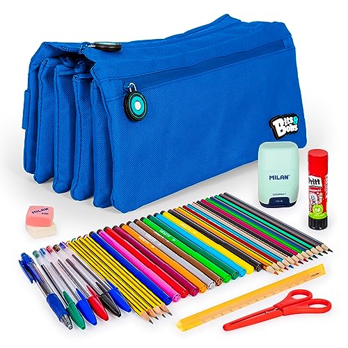 ColePack - Set aus Vierfach-Schulmappe mit 4 Reißverschlüssen und Schulbedarf der Top-Marken Enthalten (Dunkelblau) von ColePack