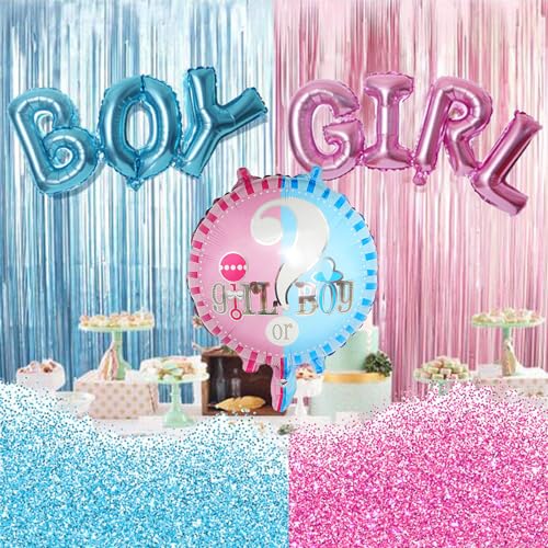 Gender Reveal Party Dekoration 23 Zoll Großer Boy or Girl Ballon mit Rosa Blau Konfetti Sparkle Folie Fringe Vorhang Ballon Dekoration Deko für Babyparty Geschlecht Offenbaren Party Dekoration von Colexy