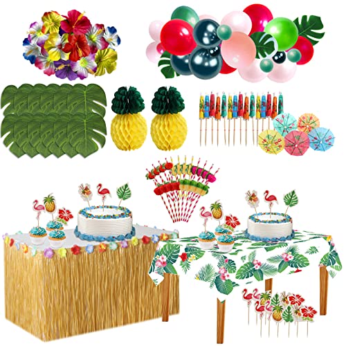 Coloch 128 Stück tropisches Hawaii Party Dekoration Kit, hawaiianisches Themen-Partyzubehör, einschließlich Tischrock, Tischdecke, Ballon, Blätter, Blume, Cupcake-Topper, Trinkhalme für Beach Party von Coloch