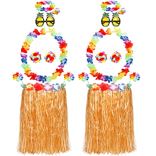 Coloch 2 Sets 8 Stück hawaiianisches Hula-Rock-Kostüm-Set 60cm, Gold Elastischer Hawaii Grasrock mit Ananas-Sonnenbrille, Leis Bikinioberteilfür Sommerstrand, Strandpartys von Coloch