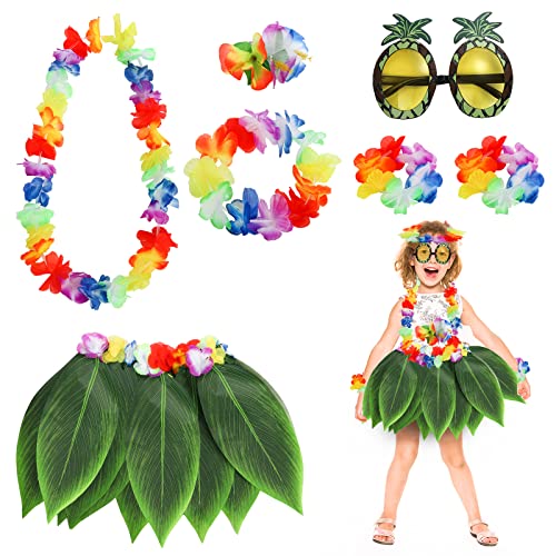 Coloch 7 Stück Hawaii-Blatt Hula Rock Set, Luau Kostüm Zubehör Kit Set mit Ananas Sonnenbrille, Haarspange, Halskette, Haarband, Armband für Hawaii Luau Party, Tropische Themenveranstaltungen von Coloch