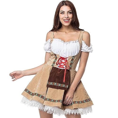 Colorful House Damen Oktoberfest Kostüm Erwachsene Schulterfrei Biermädchen Kostüm für Bayern Karneval (Khaki, Medium) von Colorful House