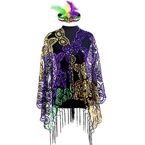 Colorful House Mardi Gras Poncho Kostüm Pailletten Schal Schal mit Mardi Gras Maske Maskerade Party Kostüm Zubehör (lila) von Colorful House