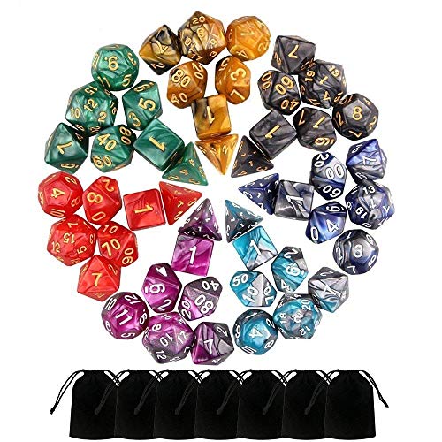 Colorful Polyedrische Würfel Polyederwürfel, 49 Stück Polyedrische Würfel 7 Stil Komplettset Spiel Würfel mit Aufbewahrungsbeutel für Dungeons and Dragons Party Math Spiel Spielen von Colorful