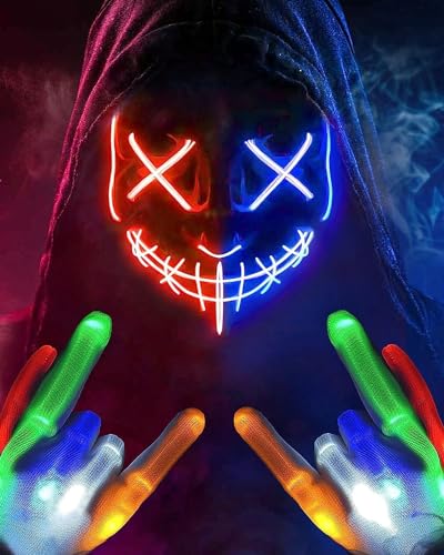 Colplay Halloween Maske LED Maske Leuchtende Handschuhe-Set, Mehrere Leuchtmodi The Maske Kostüm, Halloween Kostüm Herren Kinder Jungen Teenager, Horror Maske Totenkopf Maske Halloween Party von Colplay