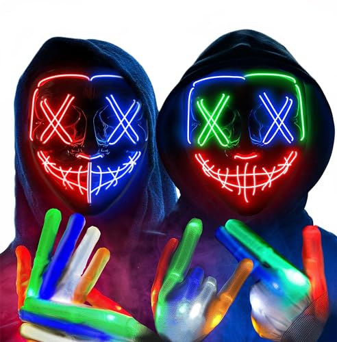 Colplay 2 STÜCK Halloween Maske LED Maske Leuchtende Handschuhe-Set, Mehrere Leuchtmodi Maske Kostüm, Halloween Kostüm Herren Kinder Jungen Teenager, Horror Maske, Halloween Party von Colplay