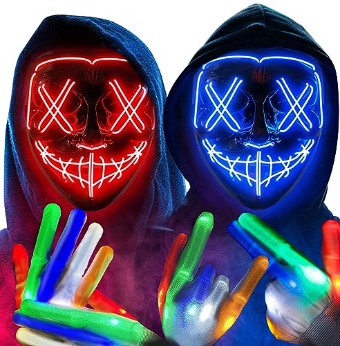 Colplay 2 STÜCK Halloween Maske LED Maske Leuchtende Handschuhe-Set, Mehrere Leuchtmodi Maske Kostüm, Halloween Kostüm Herren Kinder Jungen Teenager, Horror Maske, Maske Halloween Party von Colplay