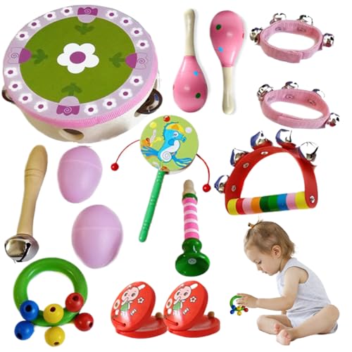 13pcs/Set Kids Musical Instrumente Holz Kleinkind -Musikinstrumente mit Trommeln, Tamburinen und sensorischeren Baby -Musikinstrumenten für Jungen und Mädchen, zufällige Farbe, Kindermusikinstrumente von Comebachome