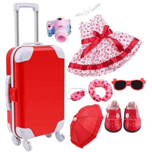 18 Zoll Puppenzubehör komplette Red Doll Koffer mit Babypuppenzubehör gehören Kleid, Stirnband, Schuhe und Reiseartikel DIY -Geschenk für kleine Mädchen (keine Puppe), Puppenkoffer, 18 Zoll Puppenbes von Comebachome