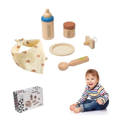 Babypuppen -Fütterungsset Realistisches Holzbabypuppen -Fütterungszubehör mit Löffel, Abschnittschild, Milchflasche und mehr, Babypuppenzubehör für Spielzeug spielen, Babypuppen -Fütterungszubehör, B von Comebachome