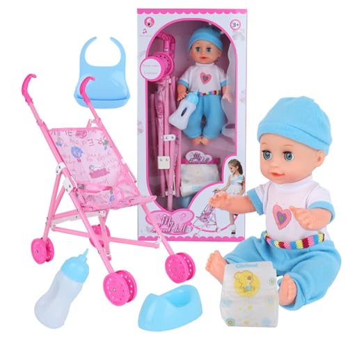 Babypuppenwagen Set realistische interessante Babypuppe mit Kinderwagen umfasst Puppe, Kinderwagen, Windel, Flasche, Urinal & Schal, Babypuppen -Set für das Spielen Spielenspiel, Baby Boy, Babypuppe von Comebachome