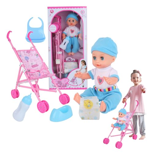 Babypuppenwagen Set realistische interessante Babypuppe mit Kinderwagen umfasst Puppe, Kinderwagen, Windel, Flasche, Urinal & Schal, Babypuppen -Set für das Spielenspielspiel, Baby Boy, Babypuppen Ki von Comebachome