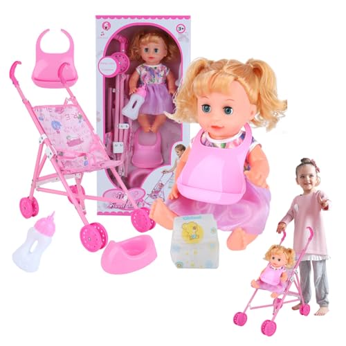 Babypuppenwagen Set realistische interessante Babypuppe mit Kinderwagen umfasst Puppe, Kinderwagen, Windel, Flasche, Urinal & Schal, Babypuppen -Set für das Spielenspielspiel, Baby Girl, Babypuppen K von Comebachome