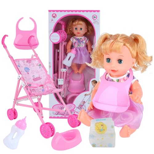 Babypuppenwagen Set realistische interessante Babypuppe mit Kinderwagen umfasst Puppe, Kinderwagen, Windel, Flasche, Urinal und Schal, Babypuppen -Set für das Spielenspielspiel, Baby Girl Doll mit Ki von Comebachome