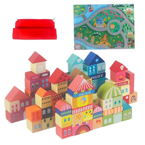 Comebachome 1 Set Bausteine, 110pcs Holzbausteine ​​mit 20 Prozent -Szenen -Puzzle- und Aufbewahrungsbeutel -Stapeln von Kleinkindgebäudetiketten Vorschullernblock für Kinder, Bausteine, WO von Comebachome