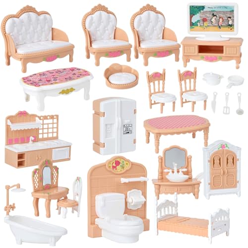 Comebachome Dollhouse Möbel, 4 Sets Holz Miniatur -Dollhouse Möbelzubehör mit Schlafzimmer, Bad, Küche und Wohnzimmer, Mini Doll House Möbel und Accessoires Set (Khaki) von Comebachome