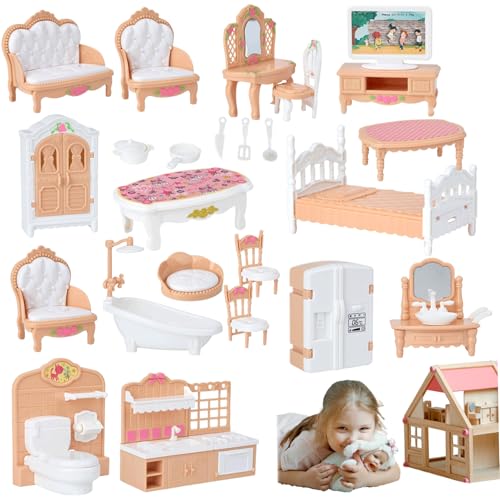 Comebachome Dollhouse Möbel, 4 Sets realistisches Puppenhausmöbel Set, Miniaturpuppenhauszubehör für Kinder Schlafzimmer Badezimmer DIY Dollhouse Trep Play, Dollhouse Möbel Set von Comebachome