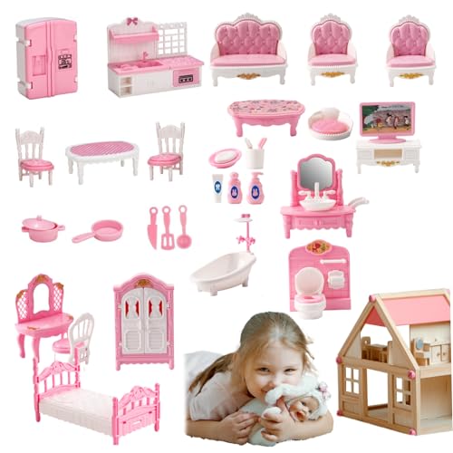 Comebachome Dollhouse Möbel 4 Sets realistische Miniatur -Puppenhausmöbel Set für Schlafzimmer, Badezimmer, Küche und Wohnzimmer DIY Dollhouse Accessoires für das Spielen, Dollhouse Schlafzimmer Set von Comebachome