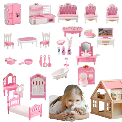 Comebachome Dollhouse Möbelset, 4 Sets Holz Miniaturpuppenhaus Accessoires und Möbel, tun Sie vor, Möbelspielzeug für Puppenhaus Schlafzimmer, Bad, Küche und Wohnzimmer von Comebachome