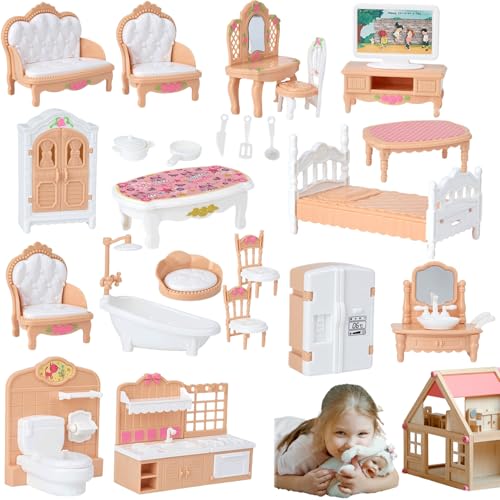 Comebachome Dollhouse Möbelset, 4 Sets Miniaturpuppenhausmöbel, Schlafzimmer, Badezimmer, Küche und Wohnzimmer Puppenhauszubehör und Möbel für das Spielen (Khaki) von Comebachome