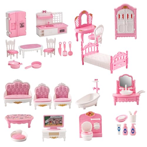 Comebachome Dollhouse Möbelset, 4 Sets Miniaturpuppenhausmöbel, Schlafzimmer, Badezimmer, Küche und Wohnzimmer Puppenhauszubehör und Möbel für das Spielenspiel von Comebachome