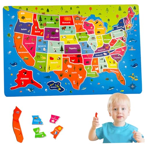 Comebachome Jigsaw Puzzle der Vereinigten Staaten, 45pcs/Set 16.9x11.2inch Holzmagnetmagneter USA Karten-Rätsel, US-Karten-Puzzle-Vorschullernspielzeug für Kinder 4-8 Jahre alt von Comebachome