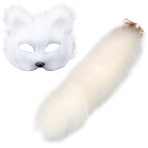 Comebachome Pelzmaske mit Schwanz, 2pcs/Set 15,7 -Zoll -Fuchs -Schwanzschlüsselkette mit Kunstfuchsmaske, weiße Therian Maske für Halloween Masquerade von Comebachome