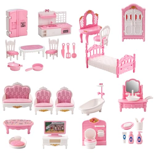 Comebachome Puppenhausmöbel, 4 Sets Miniatur Holzpuppenhaus Accessoires und Möbel, Mini Holzpuppenhausmöbel für DIY Dollhouse Accessoires (Pink) von Comebachome