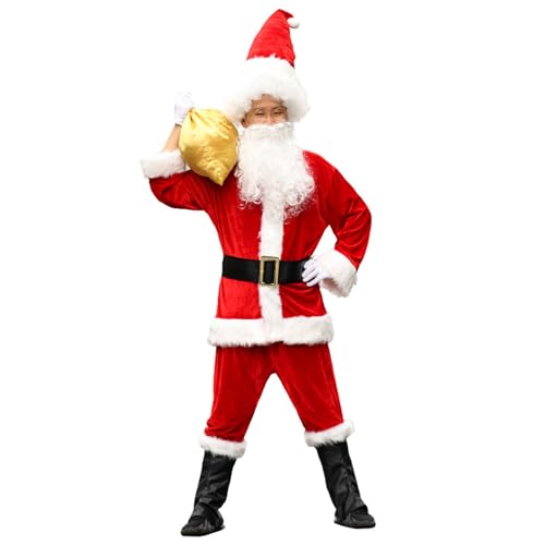 Comebachome Santa Claus Kostüm für Männer, 10pcs/Set Plüsch Santa-Anzug Erwachsene Männer mit Kleidung, Perücke, Gläser, Bag & Handschuhen, Santa Kostüm für Weihnachten (5XL, Fit Height: 175-180 cm) von Comebachome