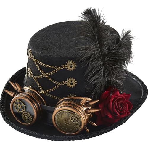 Comebachome Steampunk-Hut, Filz Steampunk Top-Hut mit Schutzbrille, schwarzen Federn, Rosen, Zahnradkette, Halloween-Kostümhüte für Frauen 22-23 Kopf von Comebachome