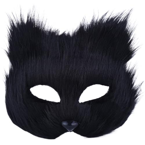 Comebachome Therian Maske, pelzige Fuchsmaske, Halbgesichts-Fuchsmasken, Kunstfell-Maskerade-Maske für Halloween-Cosplay-Party (schwarz) von Comebachome