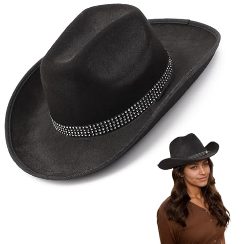 Cowboy-Hut Bremmer schwacher Cowgirl-Hut Unisex Schwarzer Cowboyhut mit klassischem Bling-Strass-Dekor Nicht gewebten westlichen Hut für tägliche Kleidung, Cosplay, Party, Cowgirl-Hut, Cowboyhut von Comebachome