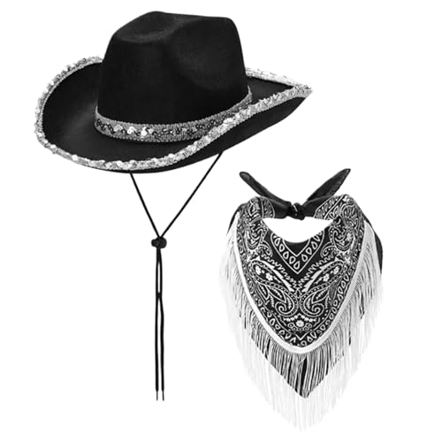 Cowgirl -Hut mit Bandana, 2PCS -Pailletten Cowboyhut mit Fransenschal, westliche Cowboy -Hüte für Frauen Cosplay von Comebachome