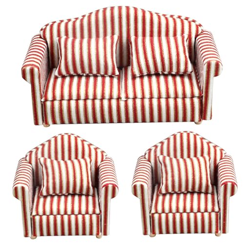 Dollhouse Couch 3PCS 1:12 Skala EIN- und 2 -Sitz -Streifenpuppenhaus -Sofa mit Kissen realistische Miniaturpuppenhausmöbel für Wohnzimmer, Schlafzimmer, Puppenhaus -Sofa, Puppenhaus -Couch von Comebachome