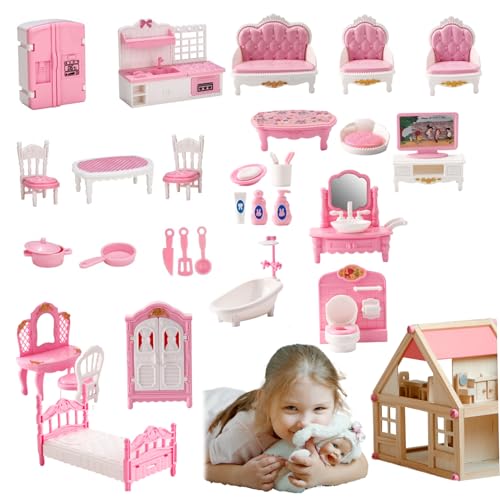 Dollhouse Möbel 4 Sets realistische Miniatur -Puppenhausmöbel Set für Schlafzimmer, Badezimmer, Küche und Wohnzimmer DIY Dollhouse Accessoires für das Spielen, Dollhouse Schlafzimmer Set, Dollhouse F von Comebachome