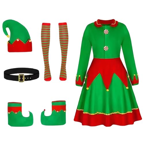 Elf -Kostüm für Frauen, Velvet -Weihnachts -Elf -Kostüm mit Kleid, Stiefeln, Hut, Gürtel und Strümpfen für Weihnachtsfeier Cosplay (L) von Comebachome