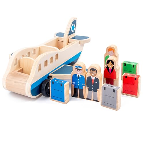 Hölzerne Passagierflugzeugset, Spielzeugflugzeug mit 4 Spielfiguren und 4 Koffer für Kleinkinder, klassisches Holzspielzeug, das sich perfekt für Rollenspiele und Fähigkeiten entwickelt hat, Flugzeug von Comebachome