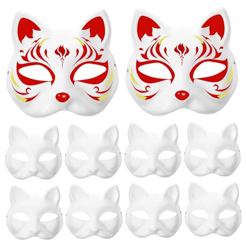 Katzenmaske, 10pcs DIY Leere Katzenmasken, Farbe Therian Masken, Halbkatze Mask Therian, weiße Papiermasken, Tiermasquerade -Masken für Cosplay Halloween Party von Comebachome