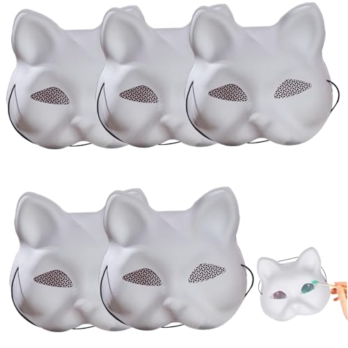 Katzenmaske, 5pcs weiße Leere Katzenmasken, DIY -Halbgesicht Therian Masken, Fuchsmaske für Halloween -Cosplay -Party Masquerade von Comebachome