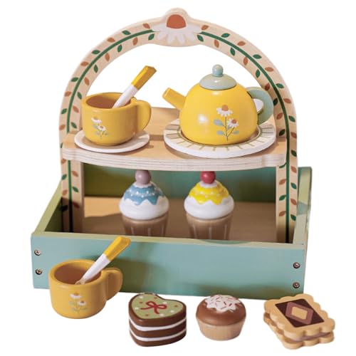 Kids Tea Set 14pcs/Set Holztee Set für Kleinkinder mit Dessertregal und Kuchen Food Realistic Nachmittag Tee Party Spielzeugspiel Kitchen -Tee -Party -Set für Kinder Geschenke Dessert, Teeparty Set f von Comebachome