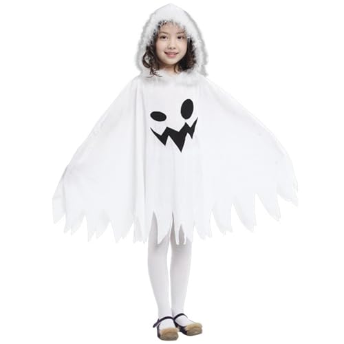 Kleinkind Ghost Kostüm für Jungen Mädchen Größe L Kapuze-Print Halloween Ghost Cape Polyester Atmungsfreie Halloween-Kostüme für Cosplay-Rollenspielstufe für 120-130 cm Kinder, Ghost Costume Kleinkin von Comebachome