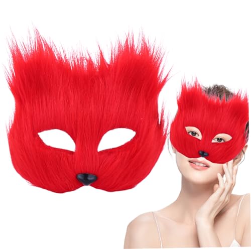 Pelzige therianische Maske, Faux-Halb-Gesicht-Fuchsmaske, atmungsaktive Katzenmaske für Erwachsene Kids Cosplay Purry Kostüm (rot) von Comebachome