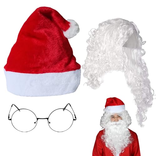 Santa Beard und Perücke Set mit Hut und Brille 3PCS/Set Realistic Costum Cut Curly Hair Santa Claus Kostüm für Cosplay -Party von Comebachome