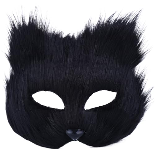 Therian Maske, pelzige Therian-Masken, Kunstfuchsfuchsmaske, Halbgepäck-Wolfsmaske, Katzenmaske für Halloween Masquerade Cosplay (schwarz) von Comebachome