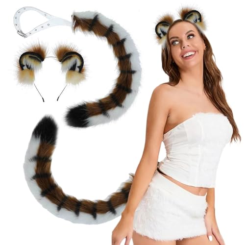 Tigerohren Stirnband und Tigerschwanz, weiche pelzige Ohren, biegsamer Kunstschwanz mit verstellbarem Bund für Halloween -Cosplay -Party -Kostümzubehör, Tigerschwanz, Tigerohren von Comebachome