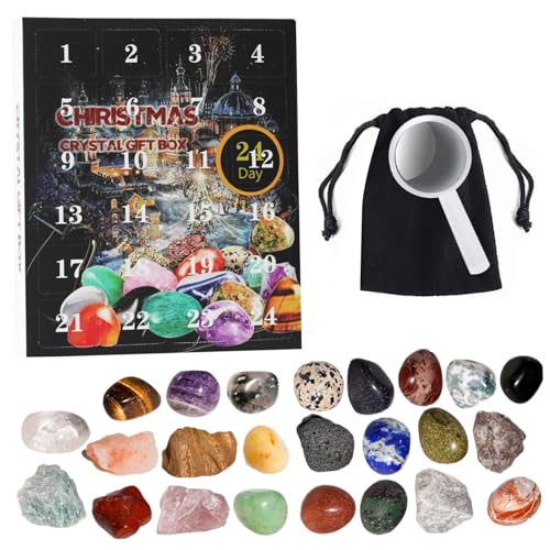 Weihnachtsab Adventskalender 2024, 24 Tage Adventskalender 24 zufällige Crystal Stone Minerals Fossilien mit Aufbewahrungstasche Weihnachten Countdown -Kalender -Enthusiasten Rock Collection Geschenk von Comebachome