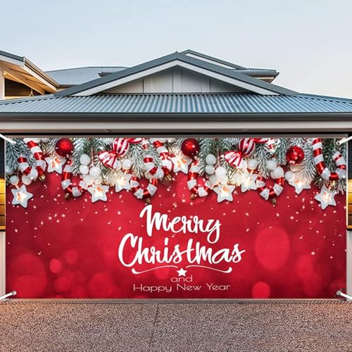 Weihnachtsgarage -Tür -Tür Banner 7x16 ft Frohe Weihnachten Garagentür Cover Verblüffende Weihnachtshintergrund Ost hängende Garagentor Wandbilder mit Begrommet für Weihnachtspartydekorationen, rot, von Comebachome