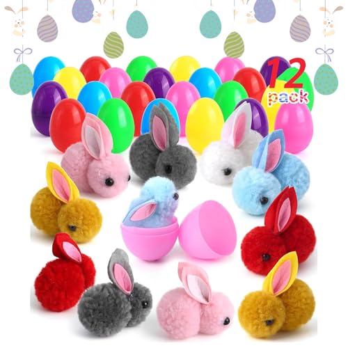 12 Stk Gefüllte Ostereier mit 12 Mini Bunny Spielzeug, Ostern Geschenke, Ostern Spielzeug, Ostergeschenke Baster Stuffer für Kinder und Kleinkinder, Ostereiersuche, Partygeschenke (Plüschhase 12pcs) von ComedyKing