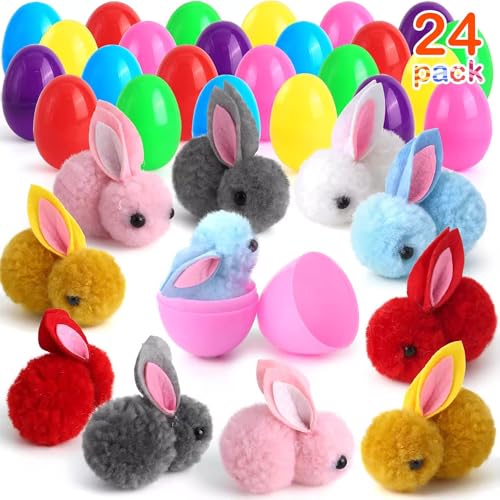 12 Stk Gefüllte Ostereier mit 12 Mini Bunny Spielzeug, Ostern Geschenke, Ostern Spielzeug, Ostergeschenke Baster Stuffer für Kinder und Kleinkinder, Ostereiersuche, Partygeschenke (Plüschhase 24pcs) von ComedyKing